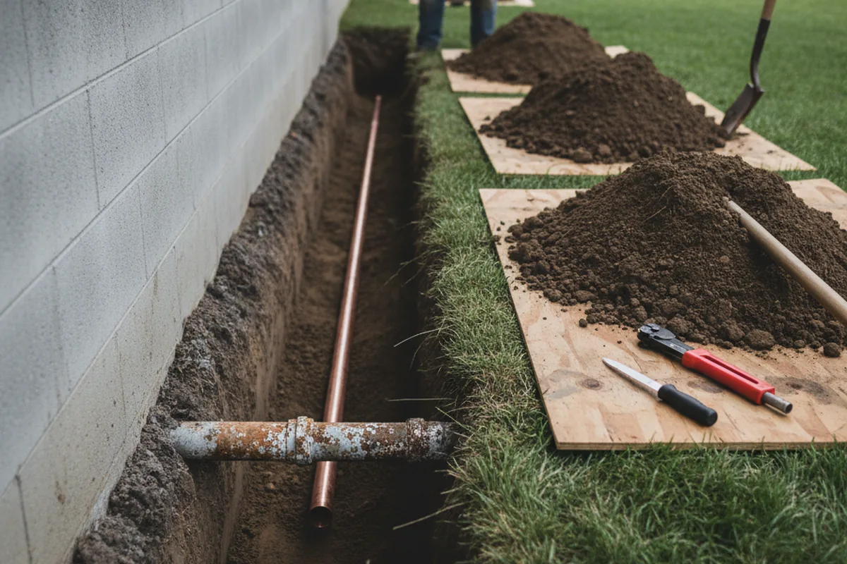Excavated water line trench during Water Heater Repair in Blue Ridge